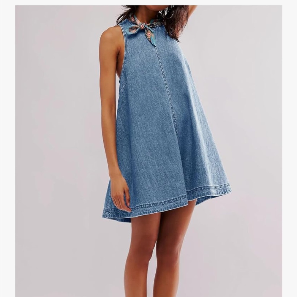 Light Blue Denim Back Cutout Mini Swing Dress - Picture 3 of 9